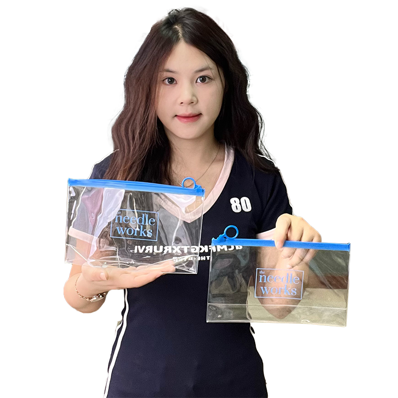 Long transparent bottomed blue ring PVC zipper bag