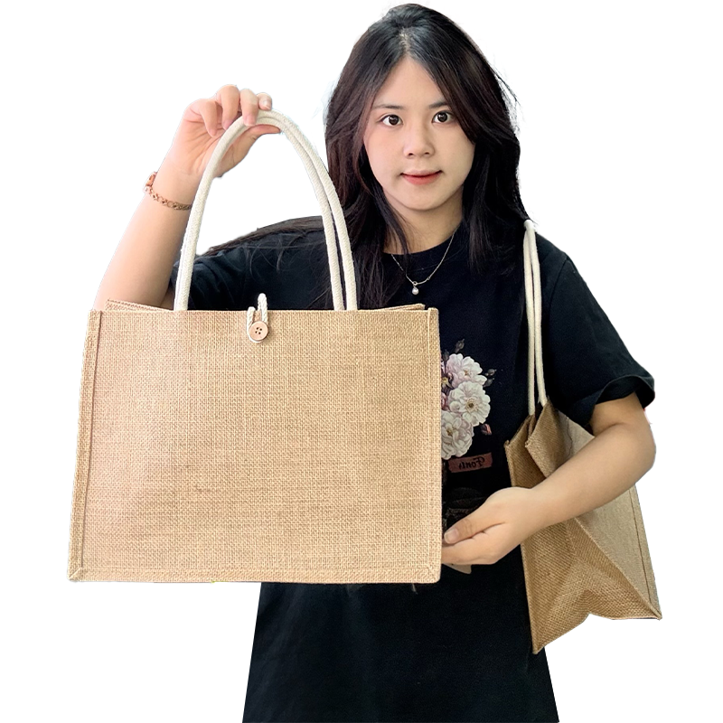 Button closure linen tote bag