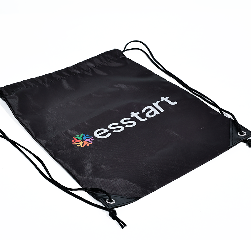 Black polyester drawstring backpack bag
