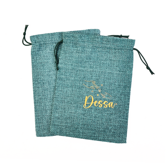 Small size green gold stamped linen drawstring bag