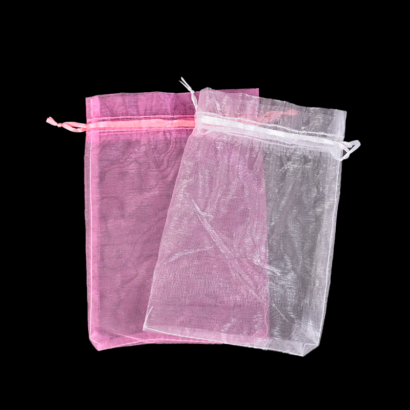 Pink and white organza drawstring bag