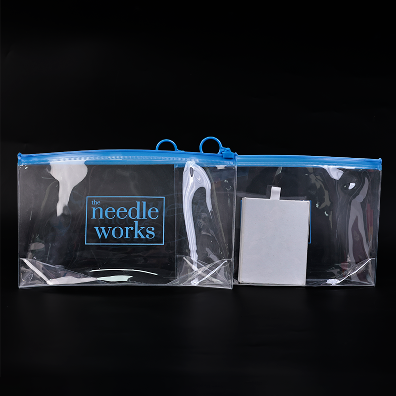 Long transparent bottomed blue ring PVC zipper bag