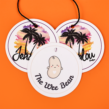 White multi-pattern round hangtag