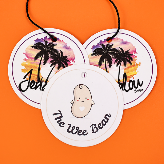 White multi-pattern round hangtag
