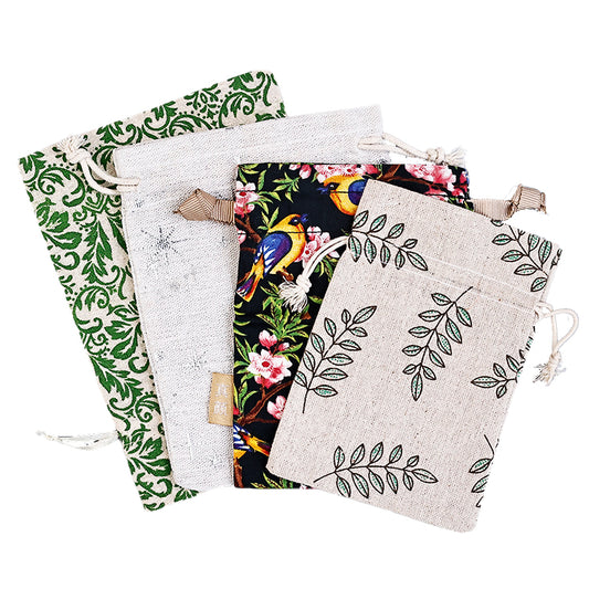 Graphic print linen drawstring bag