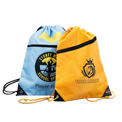 Blue and yellow outer zipper backpack drawstring bag