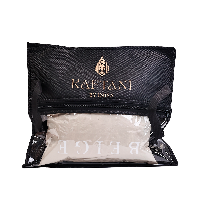 Black non-woven packaging bag with middle zipper and transparent skylight design at the bottom