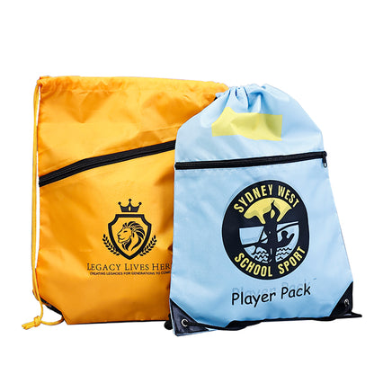 Blue and yellow outer zipper backpack drawstring bag