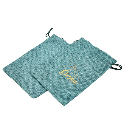 Small size green gold stamped linen drawstring bag