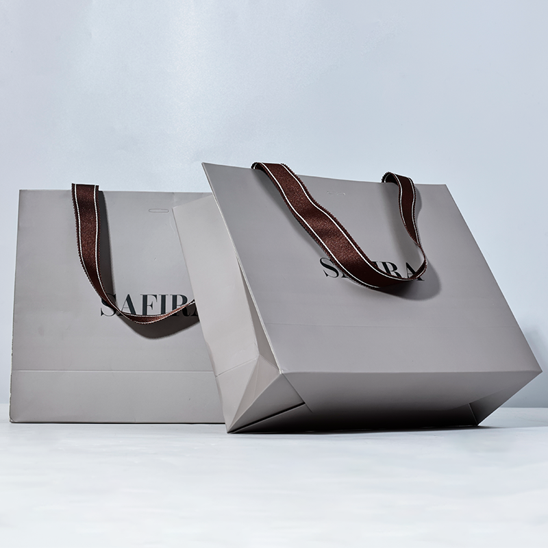 Gray paper bag with drawstring
