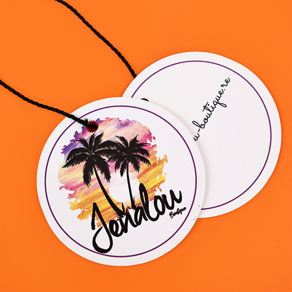 White multi-pattern round hangtag