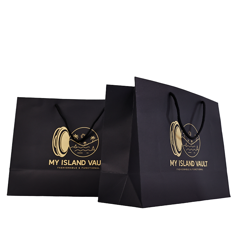 Black kraft paper tote bag with gold print