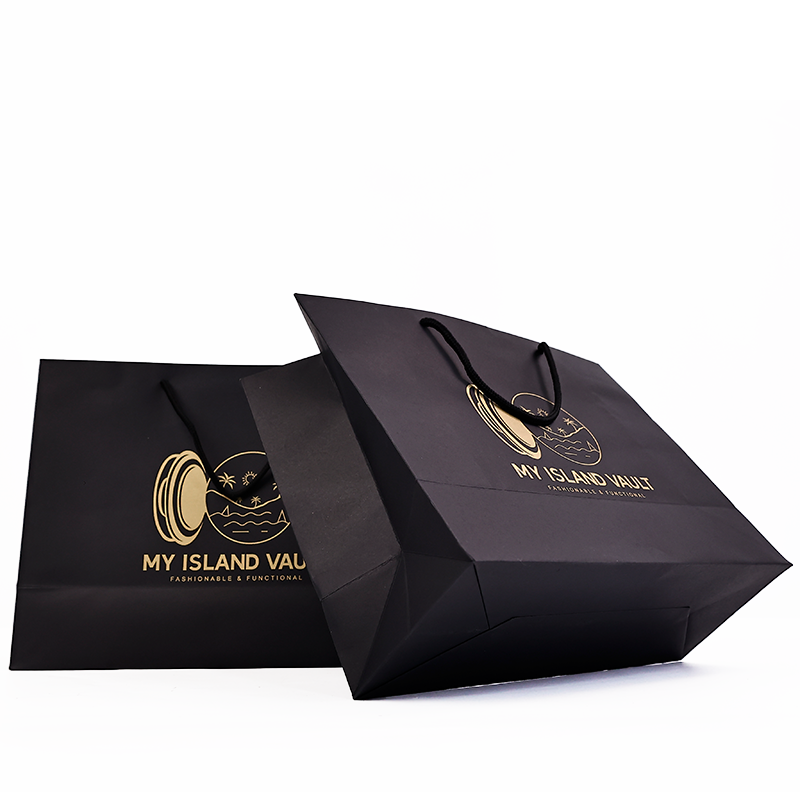 Black kraft paper tote bag with gold print