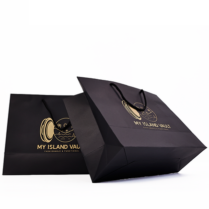 Black kraft paper tote bag with gold print
