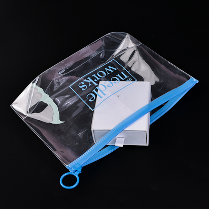 Long transparent bottomed blue ring PVC zipper bag