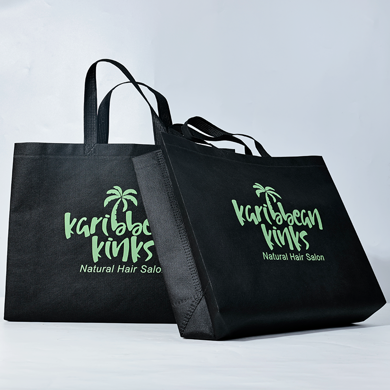 Black non-woven green printed tote bag