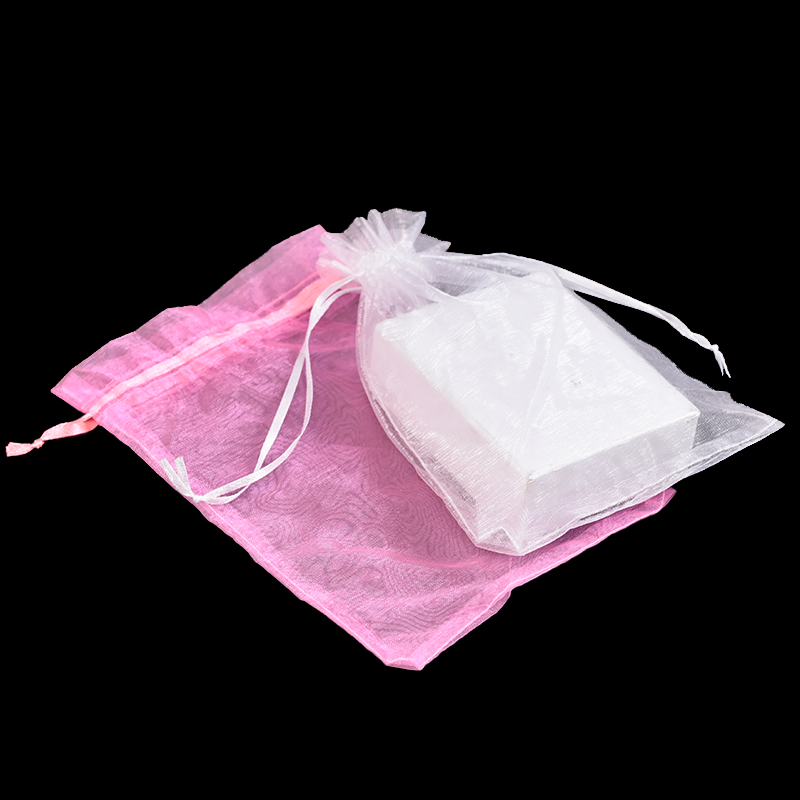 Pink and white organza drawstring bag