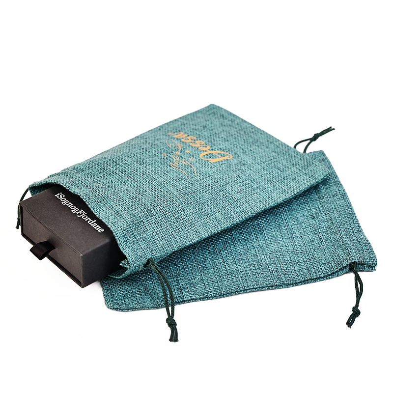 Small size green gold stamped linen drawstring bag