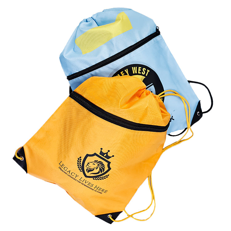 Blue and yellow outer zipper backpack drawstring bag