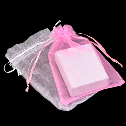Pink and white organza drawstring bag
