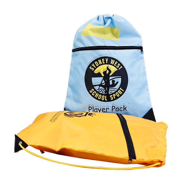 Blue and yellow outer zipper backpack drawstring bag