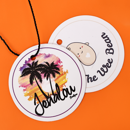 White multi-pattern round hangtag