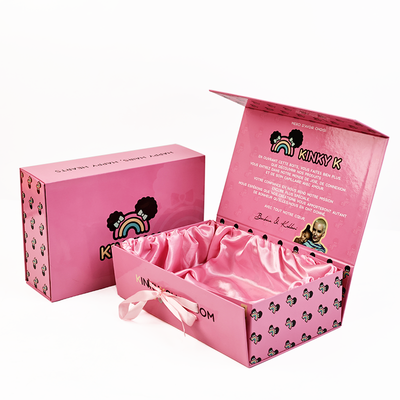 Pink silk folding magnetic box with built-in cloth
