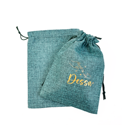 Small size green gold stamped linen drawstring bag