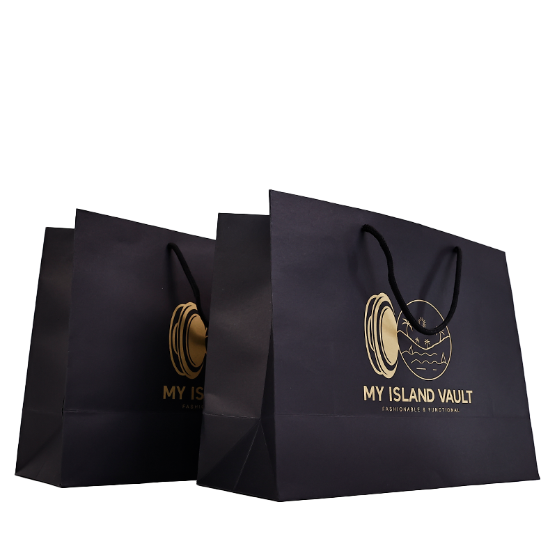 Black kraft paper tote bag with gold print