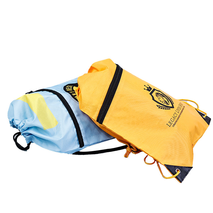Blue and yellow outer zipper backpack drawstring bag