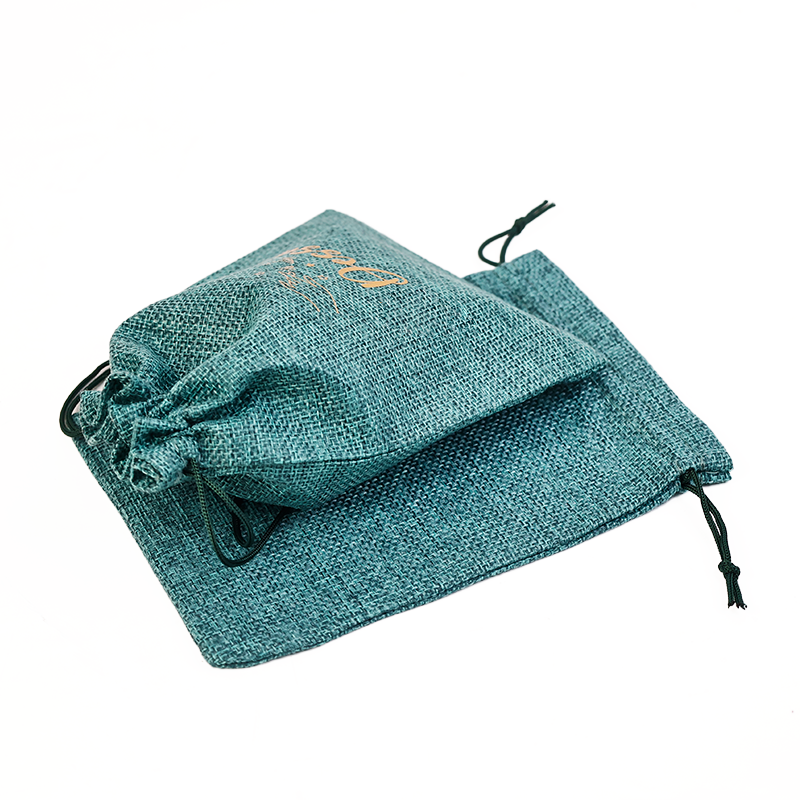 Small size green gold stamped linen drawstring bag