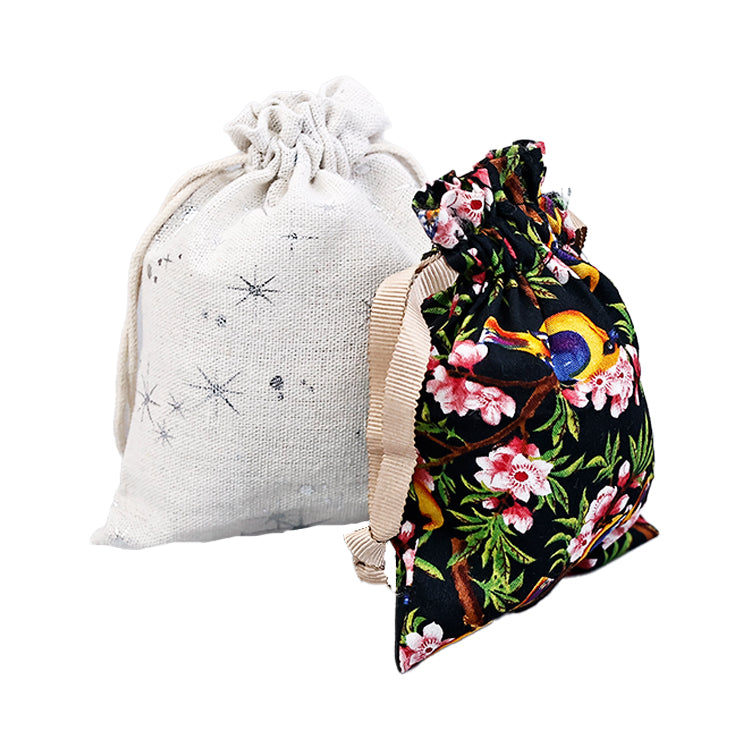 Graphic print linen drawstring bag
