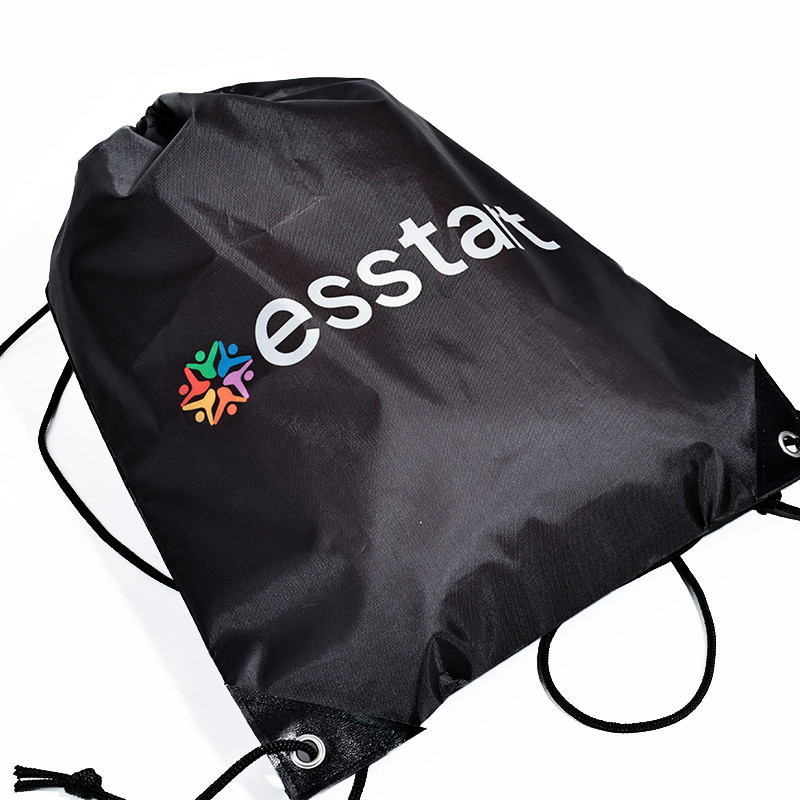 Black polyester drawstring backpack bag