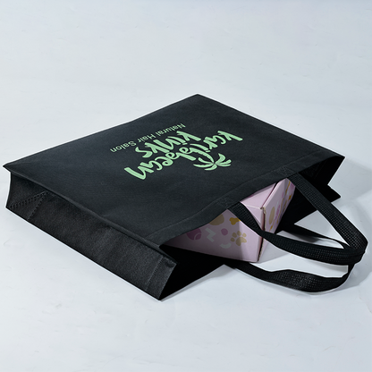 Black non-woven green printed tote bag