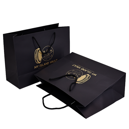 Black kraft paper tote bag with gold print