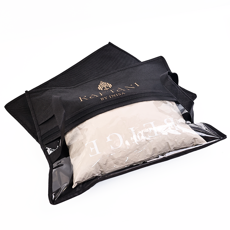 Black non-woven packaging bag with middle zipper and transparent skylight design at the bottom