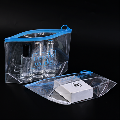 Long transparent bottomed blue ring PVC zipper bag