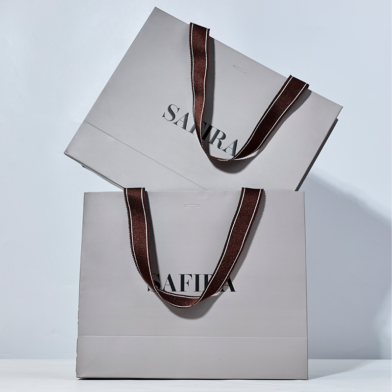 Gray paper bag with drawstring