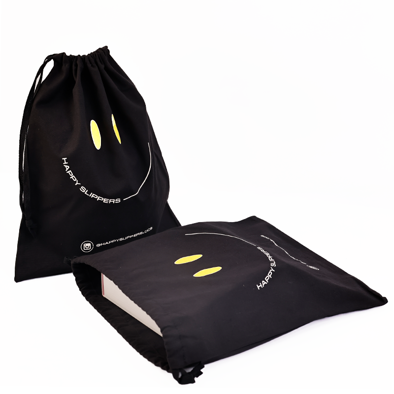 Black canvas drawstring bag