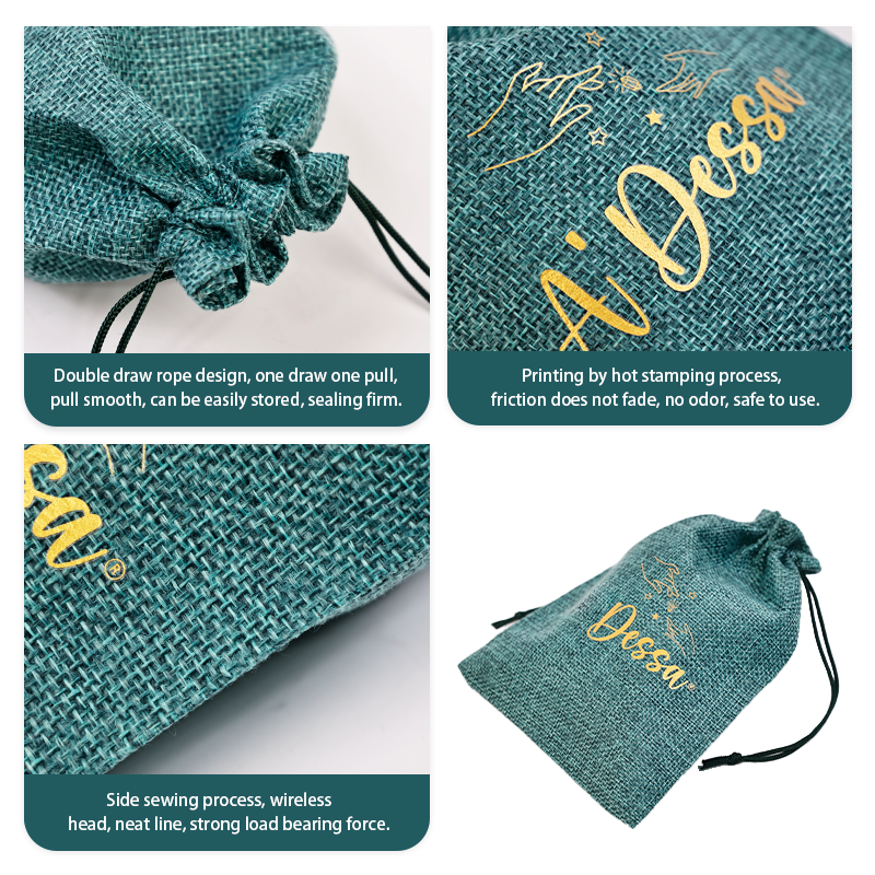 Small size green gold stamped linen drawstring bag