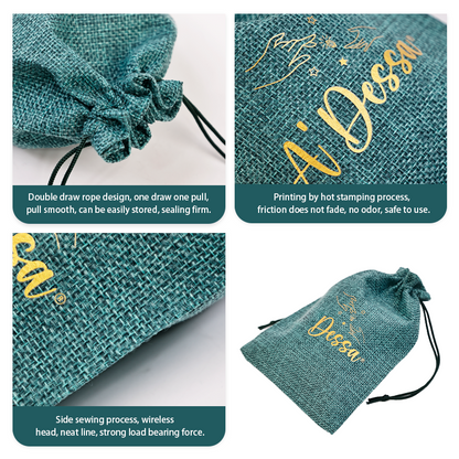 Small size green gold stamped linen drawstring bag