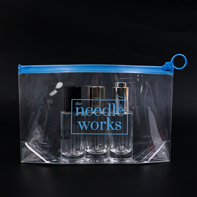 Long transparent bottomed blue ring PVC zipper bag