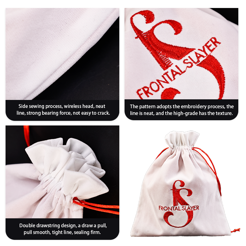 White flannel pattern embroidered drawstring bag