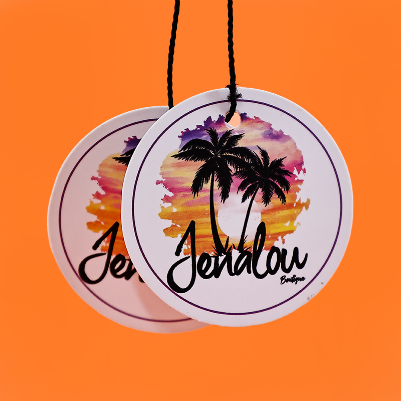 White multi-pattern round hangtag