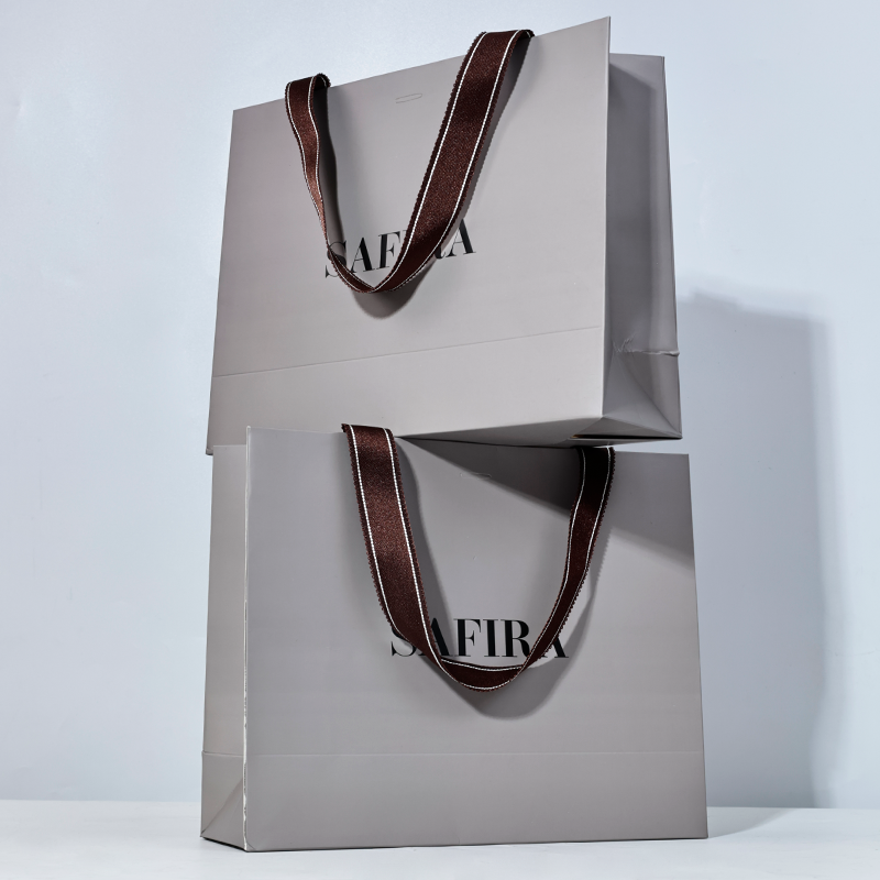 Gray paper bag with drawstring