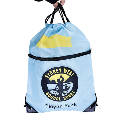 Blue and yellow outer zipper backpack drawstring bag