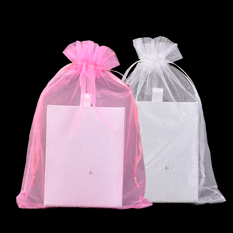 Pink and white organza drawstring bag