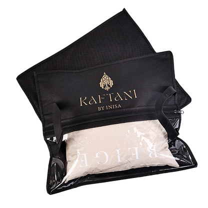 Black non-woven packaging bag with middle zipper and transparent skylight design at the bottom