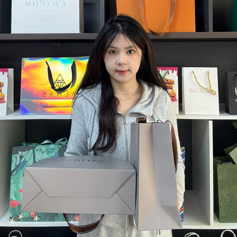 Gray paper bag with drawstring