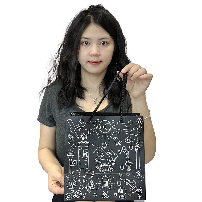Black multi-pattern full-print paper bag